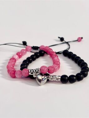 Handmade Pink & Black Beaded Magnetic Heart Bracelet Set For Couples